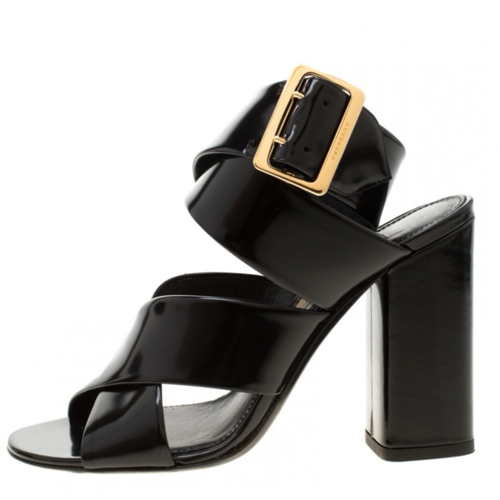 Burberry Black Leather Blaine Trench Buckle Cross Strap Block Heel Sandals 41